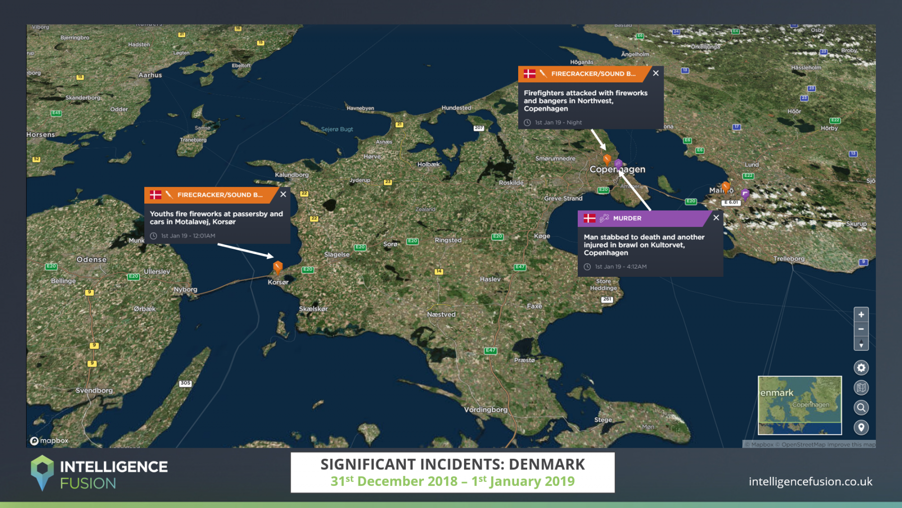 Map showing the multiple arson and firework related incidents in Denmark on New Year 2019